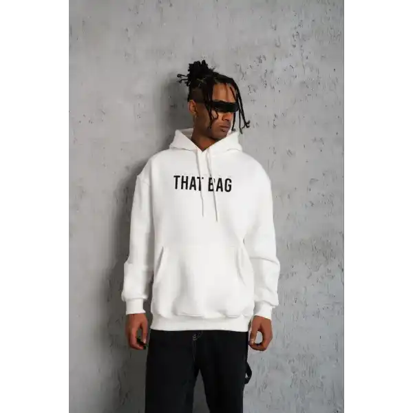 Erkek 3 İplik Pamuklu Kapüşonlu Baskılı Cepli Oversize Sweatshirt Hoodie - Beyaz