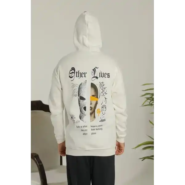 Erkek 3 İplik Pamuklu Kapüşonlu Baskılı Cepli Oversize Sweatshirt Hoodie - Beyaz