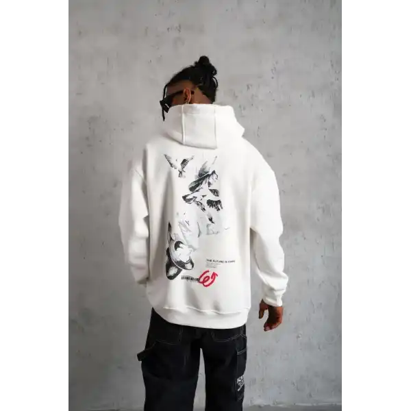Erkek 3 İplik Pamuklu Kapüşonlu Baskılı Cepli Oversize Sweatshirt Hoodie - Beyaz