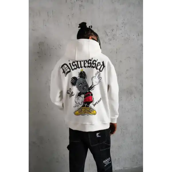 Erkek 3 İplik Pamuklu Kapüşonlu Baskılı Cepli Oversize Sweatshirt Hoodie - Beyaz