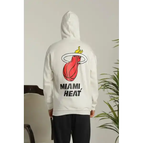 Erkek 3 İplik Pamuklu Kapüşonlu Baskılı Cepli Oversize Sweatshirt Hoodie - Beyaz