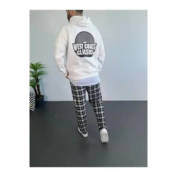 Erkek 3 İplik Pamuklu Kapüşonlu Baskılı Cepli Oversize Sweatshirt Hoodie - Beyaz