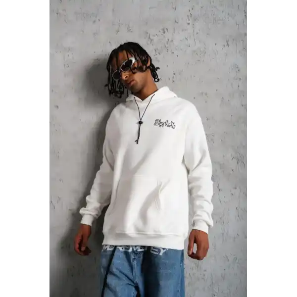 Erkek 3 İplik Pamuklu Kapüşonlu Baskılı Cepli Oversize Sweatshirt Hoodie - Beyaz