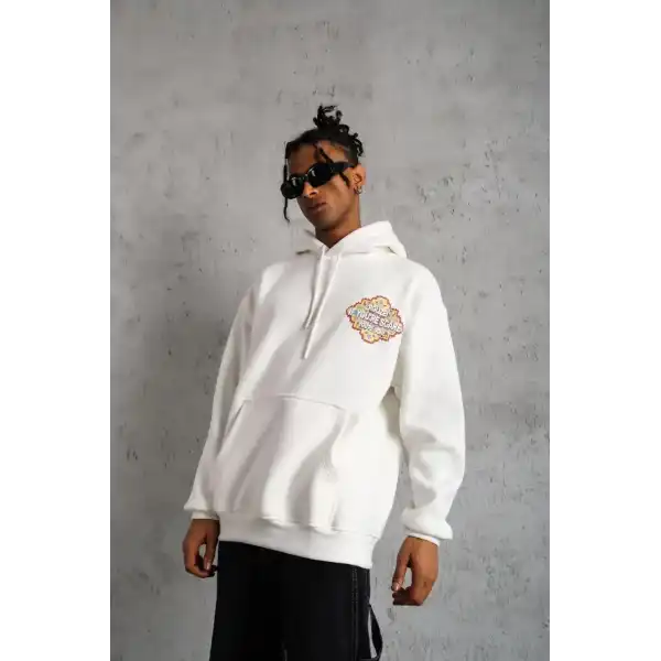 Erkek 3 İplik Pamuklu Kapüşonlu Baskılı Cepli Oversize Sweatshirt Hoodie - Beyaz