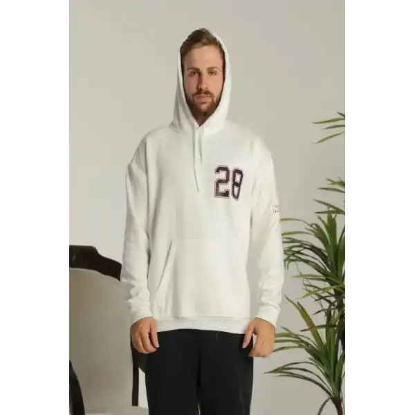 Erkek 3 İplik Pamuklu Kapüşonlu Baskılı Cepli Oversize Sweatshirt Hoodie - Beyaz