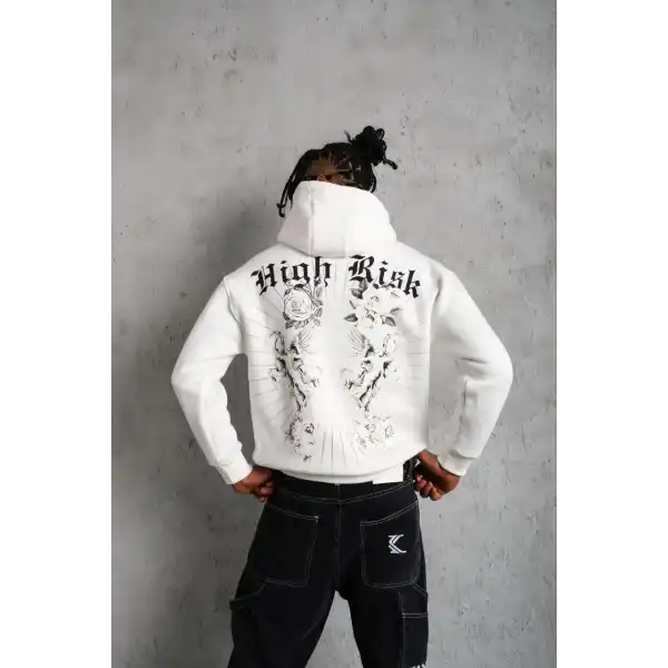 Erkek 3 İplik Pamuklu Kapüşonlu Baskılı Cepli Oversize Sweatshirt Hoodie - Beyaz