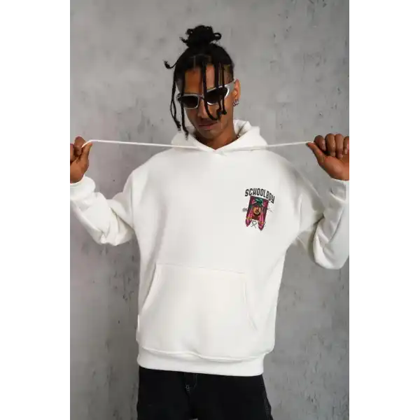 Erkek 3 İplik Pamuklu Kapüşonlu Baskılı Cepli Oversize Sweatshirt Hoodie - Beyaz
