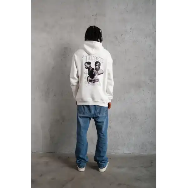 Erkek 3 İplik Pamuklu Kapüşonlu Baskılı Cepli Oversize Sweatshirt Hoodie - Beyaz