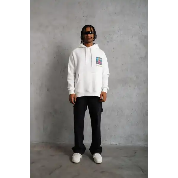 Erkek 3 İplik Pamuklu Kapüşonlu Baskılı Cepli Oversize Sweatshirt Hoodie - Beyaz