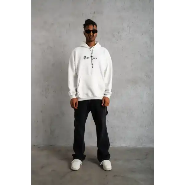 Erkek 3 İplik Pamuklu Kapüşonlu Baskılı Cepli Oversize Sweatshirt Hoodie - Beyaz