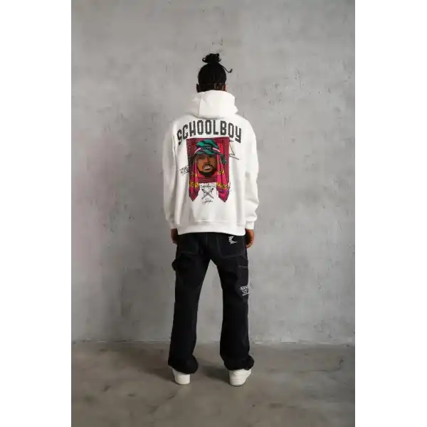 Erkek 3 İplik Pamuklu Kapüşonlu Baskılı Cepli Oversize Sweatshirt Hoodie - Beyaz