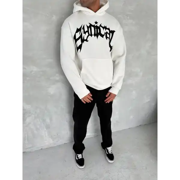 Erkek 3 İplik Pamuklu Kapüşonlu Baskılı Cepli Oversize Sweatshirt Hoodie - Beyaz