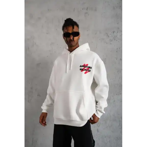 Erkek 3 İplik Pamuklu Kapüşonlu Baskılı Cepli Oversize Sweatshirt Hoodie - Beyaz