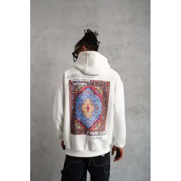 Erkek 3 İplik Pamuklu Kapüşonlu Baskılı Cepli Oversize Sweatshirt Hoodie - Beyaz