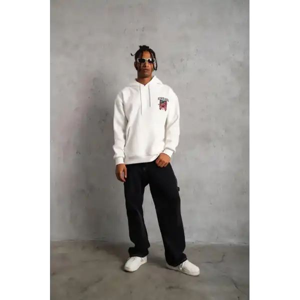 Erkek 3 İplik Pamuklu Kapüşonlu Baskılı Cepli Oversize Sweatshirt Hoodie - Beyaz