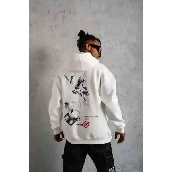 Erkek 3 İplik Pamuklu Kapüşonlu Baskılı Cepli Oversize Sweatshirt Hoodie - Beyaz