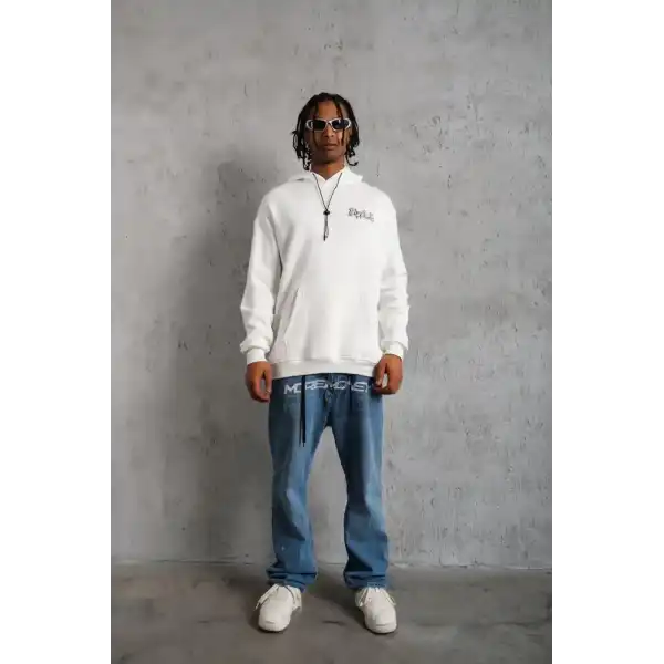 Erkek 3 İplik Pamuklu Kapüşonlu Baskılı Cepli Oversize Sweatshirt Hoodie - Beyaz