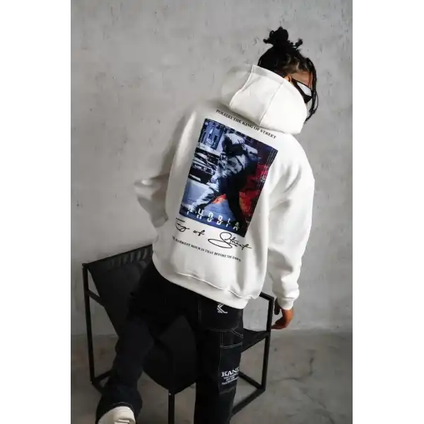 Erkek 3 İplik Pamuklu Kapüşonlu Baskılı Cepli Oversize Sweatshirt Hoodie - Beyaz