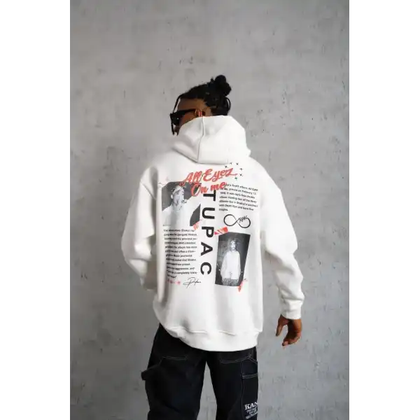 Erkek 3 İplik Pamuklu Kapüşonlu Baskılı Cepli Oversize Sweatshirt Hoodie - Beyaz