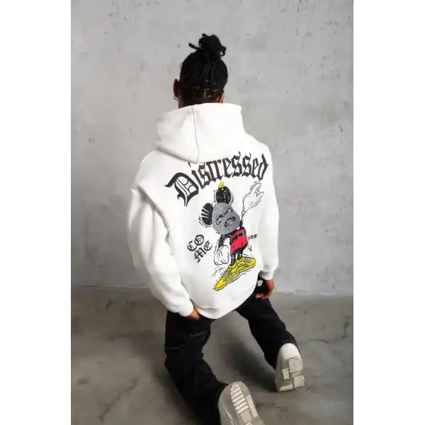 Erkek 3 İplik Pamuklu Kapüşonlu Baskılı Cepli Oversize Sweatshirt Hoodie - Beyaz