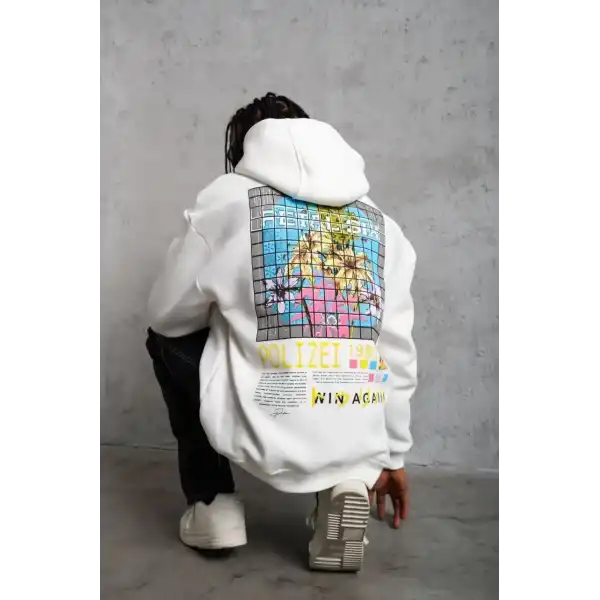 Erkek 3 İplik Pamuklu Kapüşonlu Baskılı Cepli Oversize Sweatshirt Hoodie - Beyaz