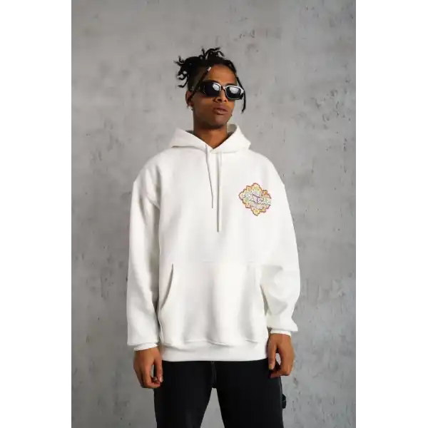 Erkek 3 İplik Pamuklu Kapüşonlu Baskılı Cepli Oversize Sweatshirt Hoodie - Beyaz