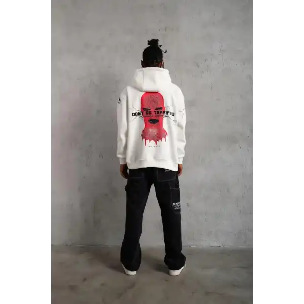 Erkek 3 İplik Pamuklu Kapüşonlu Baskılı Cepli Oversize Sweatshirt Hoodie - Beyaz