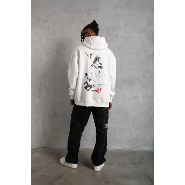 Erkek 3 İplik Pamuklu Kapüşonlu Baskılı Cepli Oversize Sweatshirt Hoodie - Beyaz