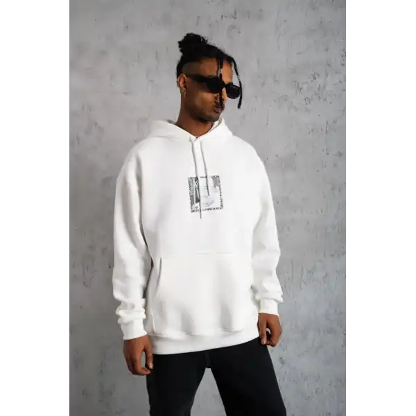 Erkek 3 İplik Pamuklu Kapüşonlu Baskılı Cepli Oversize Sweatshirt Hoodie - Beyaz