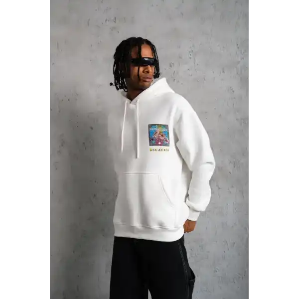 Erkek 3 İplik Pamuklu Kapüşonlu Baskılı Cepli Oversize Sweatshirt Hoodie - Beyaz