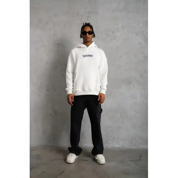 Erkek 3 İplik Pamuklu Kapüşonlu Baskılı Cepli Oversize Sweatshirt Hoodie - Beyaz