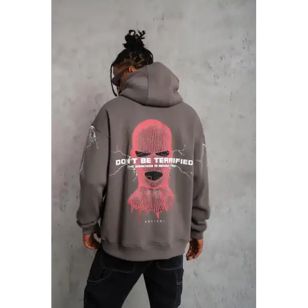 Erkek 3 İplik Pamuklu Kapüşonlu Baskılı Cepli Oversize Sweatshirt Hoodie - Gri