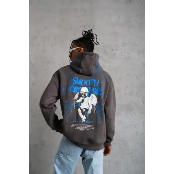 Erkek 3 İplik Pamuklu Kapüşonlu Baskılı Cepli Oversize Sweatshirt Hoodie - Gri