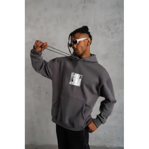Erkek 3 İplik Pamuklu Kapüşonlu Baskılı Cepli Oversize Sweatshirt Hoodie - Gri