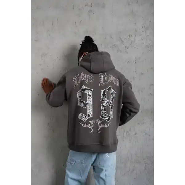 Erkek 3 İplik Pamuklu Kapüşonlu Baskılı Cepli Oversize Sweatshirt Hoodie - Gri