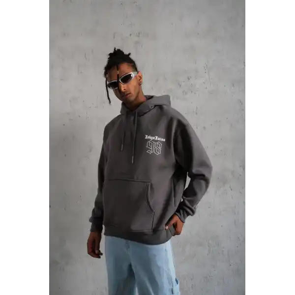 Erkek 3 İplik Pamuklu Kapüşonlu Baskılı Cepli Oversize Sweatshirt Hoodie - Gri