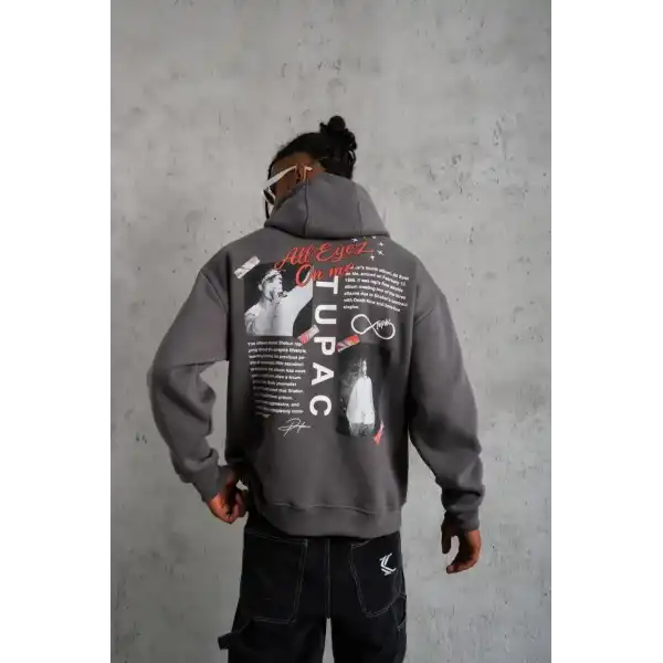 Erkek 3 İplik Pamuklu Kapüşonlu Baskılı Cepli Oversize Sweatshirt Hoodie - Gri