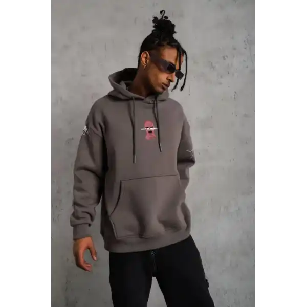 Erkek 3 İplik Pamuklu Kapüşonlu Baskılı Cepli Oversize Sweatshirt Hoodie - Gri