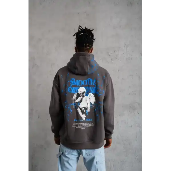 Erkek 3 İplik Pamuklu Kapüşonlu Baskılı Cepli Oversize Sweatshirt Hoodie - Gri