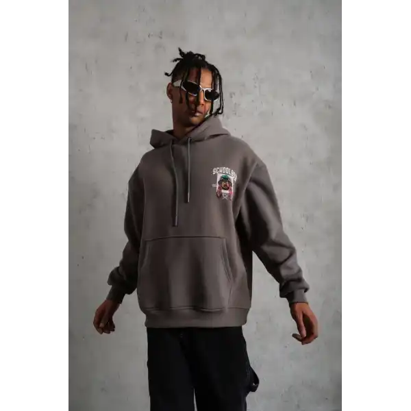 Erkek 3 İplik Pamuklu Kapüşonlu Baskılı Cepli Oversize Sweatshirt Hoodie - Gri