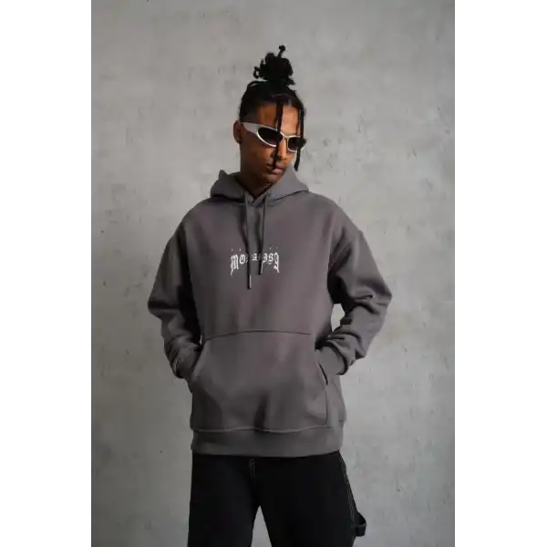 Erkek 3 İplik Pamuklu Kapüşonlu Baskılı Cepli Oversize Sweatshirt Hoodie - Gri