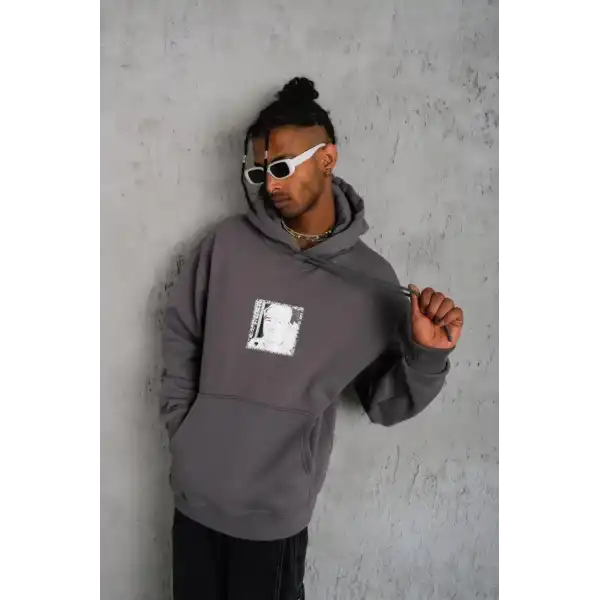 Erkek 3 İplik Pamuklu Kapüşonlu Baskılı Cepli Oversize Sweatshirt Hoodie - Gri
