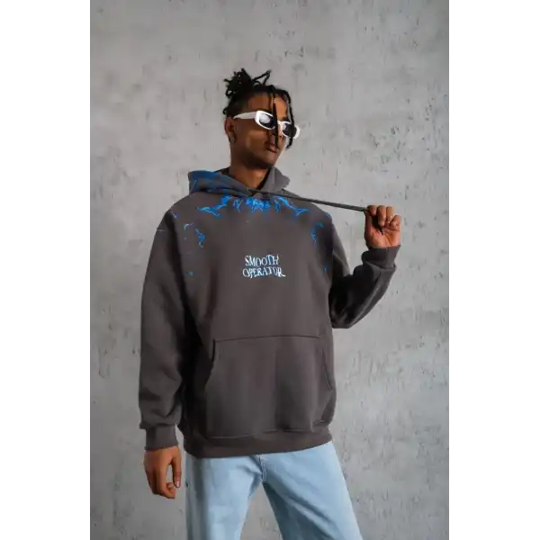 Erkek 3 İplik Pamuklu Kapüşonlu Baskılı Cepli Oversize Sweatshirt Hoodie - Gri