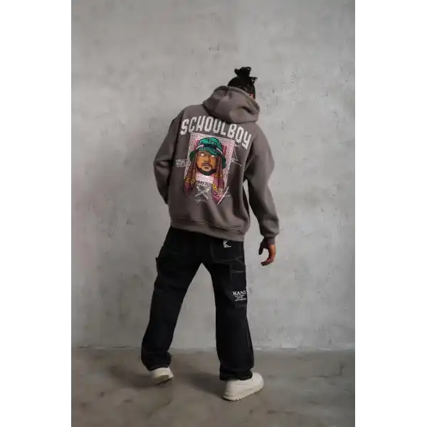 Erkek 3 İplik Pamuklu Kapüşonlu Baskılı Cepli Oversize Sweatshirt Hoodie - Gri