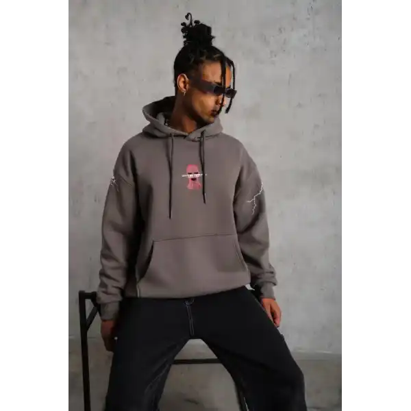 Erkek 3 İplik Pamuklu Kapüşonlu Baskılı Cepli Oversize Sweatshirt Hoodie - Gri