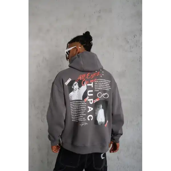 Erkek 3 İplik Pamuklu Kapüşonlu Baskılı Cepli Oversize Sweatshirt Hoodie - Gri