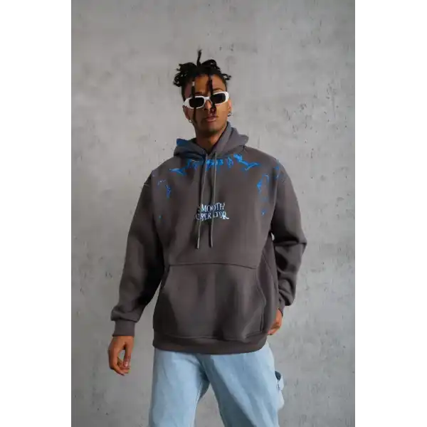Erkek 3 İplik Pamuklu Kapüşonlu Baskılı Cepli Oversize Sweatshirt Hoodie - Gri