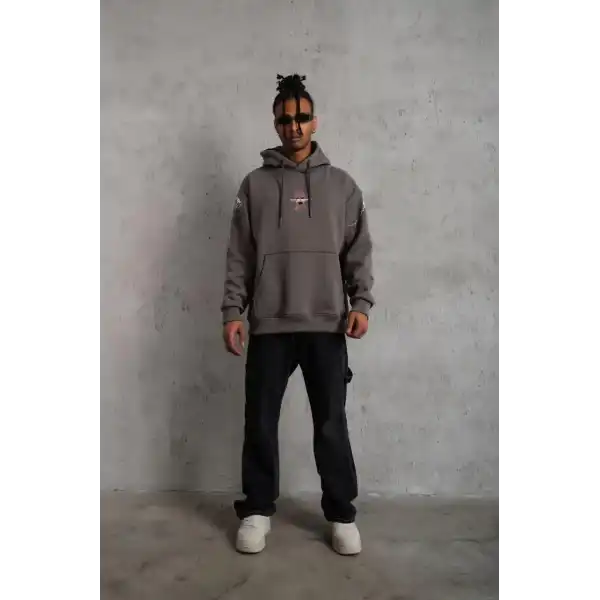 Erkek 3 İplik Pamuklu Kapüşonlu Baskılı Cepli Oversize Sweatshirt Hoodie - Gri