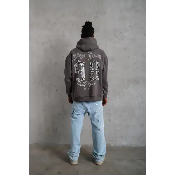 Erkek 3 İplik Pamuklu Kapüşonlu Baskılı Cepli Oversize Sweatshirt Hoodie - Gri