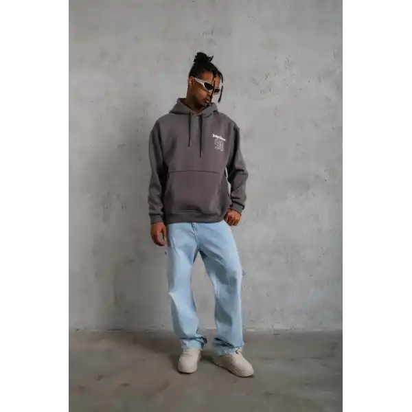 Erkek 3 İplik Pamuklu Kapüşonlu Baskılı Cepli Oversize Sweatshirt Hoodie - Gri